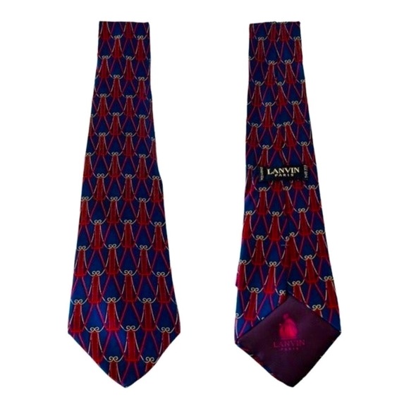 LANVIN Men’s 3.5” Silk Tie Navy Red Gold - Picture 1 of 10